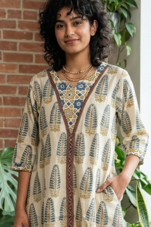 Ajrakh cotton Kurta with patch neck line- off white
