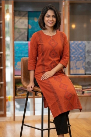 Alternative view of Rust orange Block printed Cotton Kurta